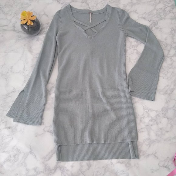 Free People slate grey V neck sweater tunic size X - Picture 4 of 8